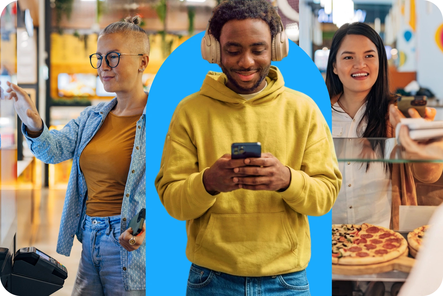 Three people in a look at and order food in-person or with a mobile phone.