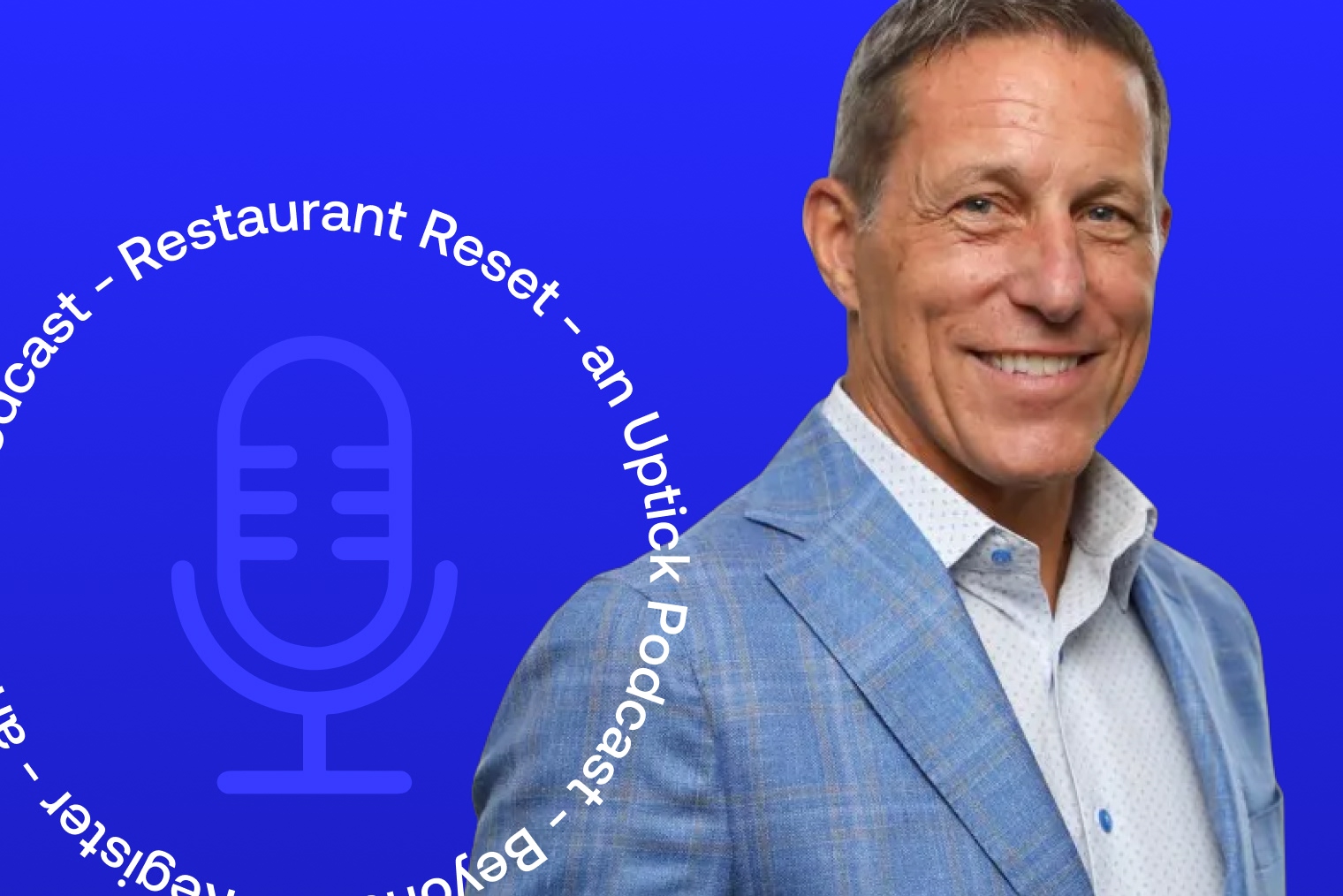 Restaurant owner Nick Sarillo's headshot appears above a blue background promoting the Restaurant Reset podcast.