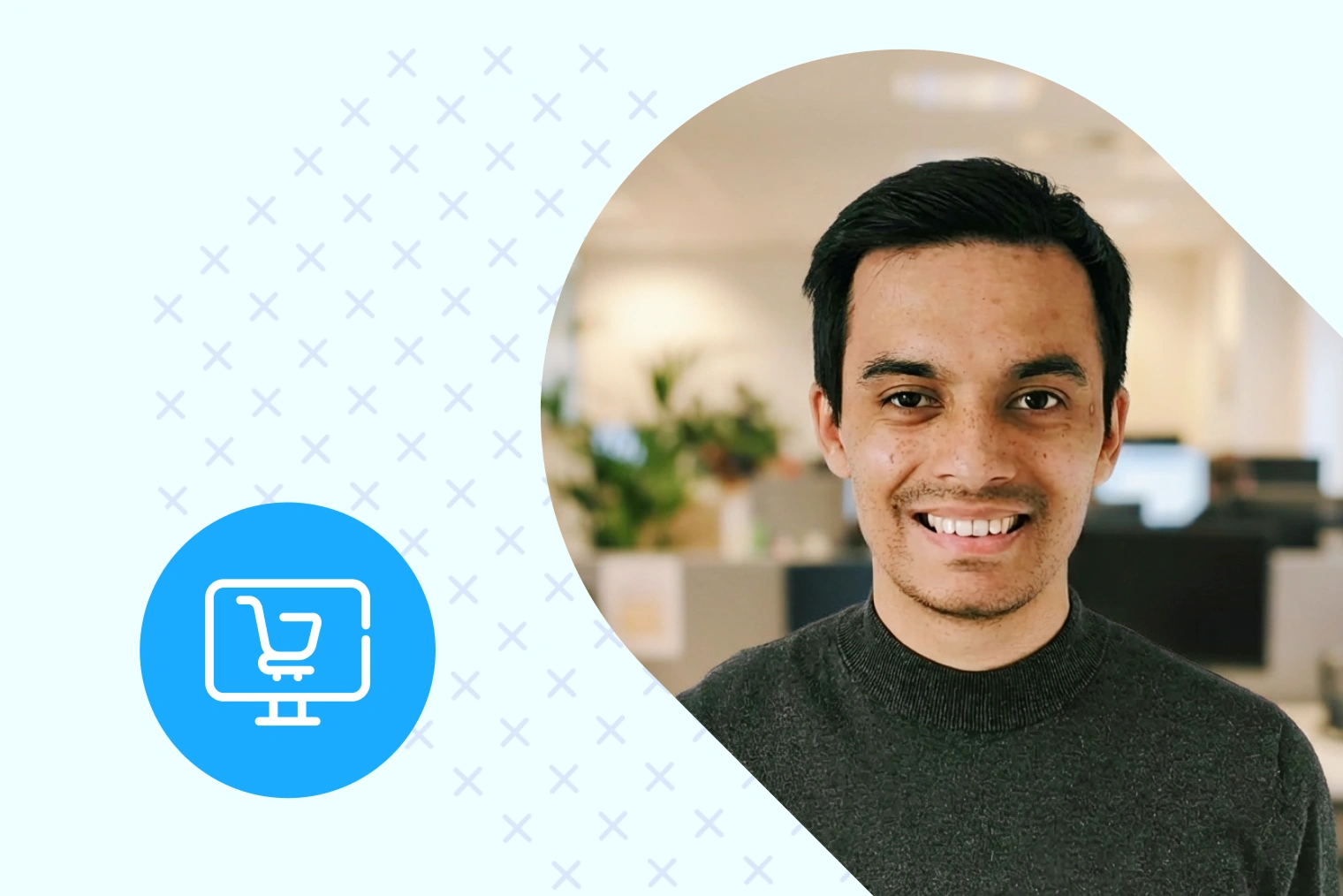 Image of Alex Dewison, Director of Digital Solutions at Global Payments, next to graphic of shopping cart inside desktop monitor