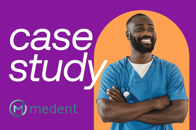 Image of person, smiling and with arms folded, wearing medical scrubs next to typographic of medent logo
